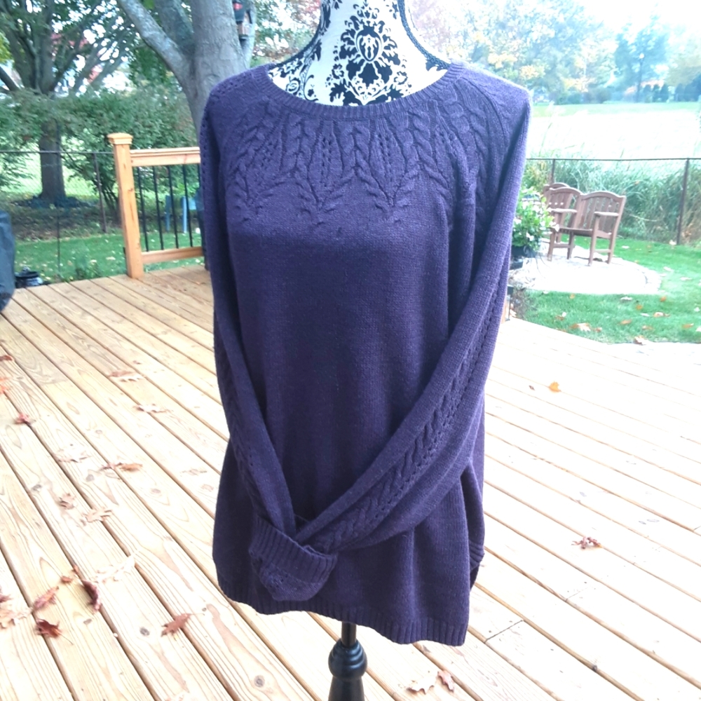 WOMENS DETAILED CABLE KNIT PURPLE SWEATER XL